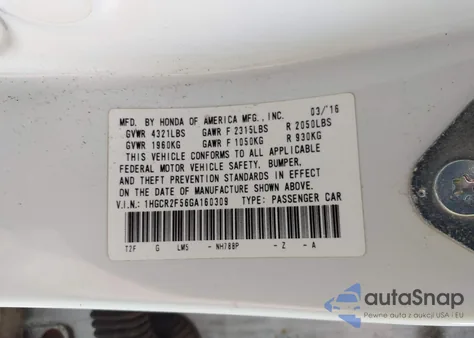 2016 Honda Accord Sport from USA, damaged, VIN 1HGCR2F56GA160309